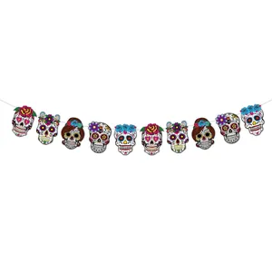 Day of the Dead decorative skull banner featuring colorful floral sugar skull designs