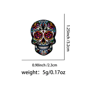 Detail view of colorful sugar skull pin with size and weight measurements