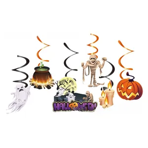 Close-up of Halloween hanging swirl decorations with spooky character cutouts