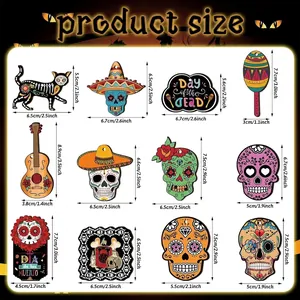 Detailed size chart for Mexican Day of the Dead wooden skull hanging decorations.