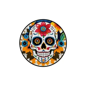 Detailed view of a vibrant Mexican sugar skull design for decorative wooden door sign