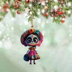 Detailed view of Day of the Dead skeleton girl hanging ornament with colorful floral prints.
