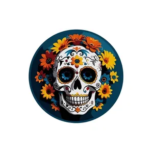 Detailed view of Mexican Day of the Dead wooden round sign with floral sugar skull design.