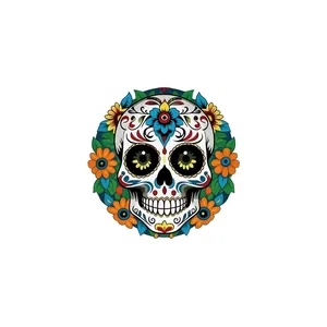 Detailed vibrant sugar skull design for Mexican Day of the Dead wooden door plaque