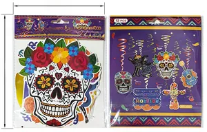 Detailed view of Día de los Muertos sugar skull spiral hanging decorations set