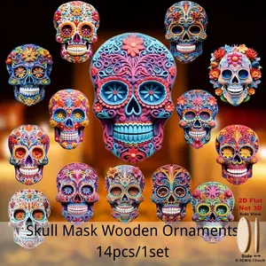 Set of 14 Mexican Day of the Dead 2D flat wooden skull ornaments with colorful patterns