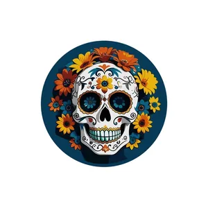Mexican Day of the Dead wooden door sign with colorful sugar skull and flower design
