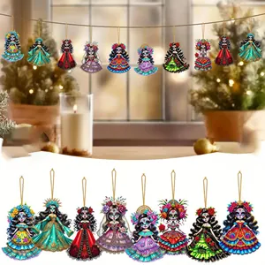 Detailed view of colorful Day of the Dead Catrina skeleton wooden hanging ornaments