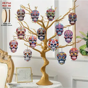 Set of colorful Day of the Dead wooden skull ornaments featuring 2D flat design details