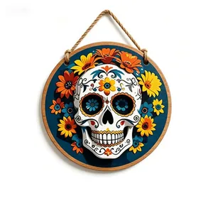 Mexican Day of the Dead wooden round door sign with colorful floral sugar skull design