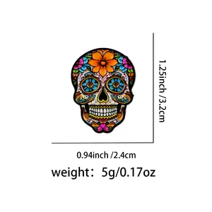 Detailed size and weight measurement chart for colorful Mexican sugar skull enamel lapel pin