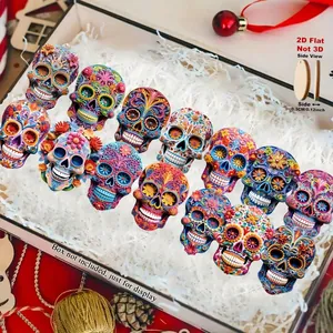 Detailed view of colorful 2D flat wooden skull ornaments for Day of the Dead decor