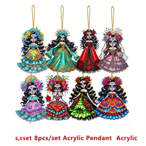 Detailed view of 8 colorful Day of the Dead acrylic sugar skull girl hanging ornaments