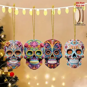 Colorful 2D flat wooden sugar skull hanging ornaments with vibrant Mexican patterns.