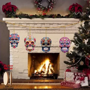 Handcrafted flat wooden sugar skull hanging ornaments for Day of the Dead party