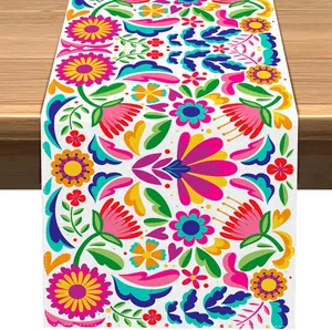 Traditional Mexican Fiesta linen table runner with colorful Otomi floral folk art pattern