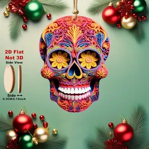 Detailed 2D flat wooden skull ornament with vibrant colorful patterns for festive decor