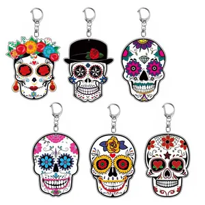 Punk Rock Halloween Sugar Skull Acrylic Keychain Mexican Day Of The Dead Calavera Double Sided Sandwich Printing Bag Pendant Jewelry Gift Accessory