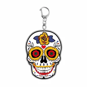 Detailed view of colorful punk rock sugar skull design on acrylic keychain for Halloween