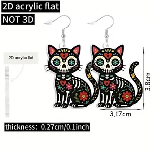 Acryl-Ohrringe Katze mit bunten Tag der Toten Zuckerschädel-Blumenmustern und Größen