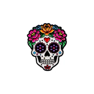 Colorful Mexican sugar skull enamel pin with floral rose decorations