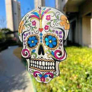 Vibrant 3D stainless steel mandala sugar skull wind spinner outdoor hanging garden decor
