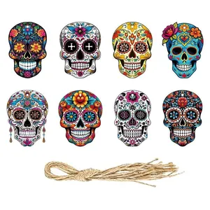 Set of 8 colorful Day of the Dead wooden sugar skull pendants with natural twine