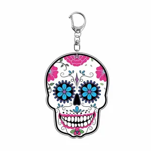 Punk rock Halloween sugar skull acrylic keychain featuring vibrant colorful floral design