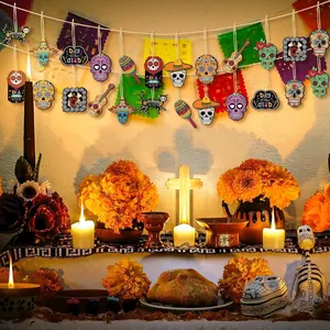 Día de los Muertos wooden hanging ornaments displayed in a traditional altar scene