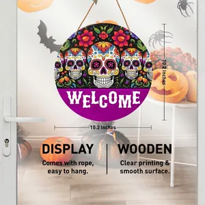 Plaque de bienvenue en bois de 10,2 pouces pour le Jour des Morts avec motif crâne coloré