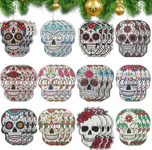 Detailed view of 12 assorted Mexican Day of the Dead wooden sugar skull hanging ornaments