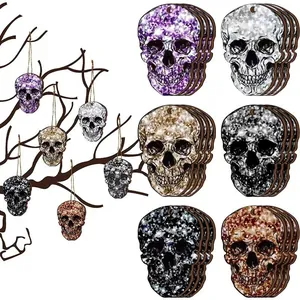 Set of colorful glitter wooden skull ornaments for Halloween party decorations
