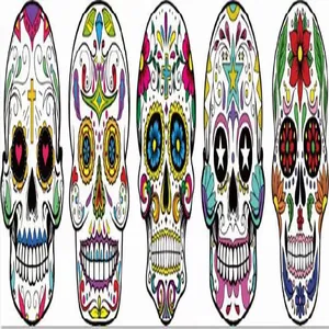 Detailed view of five colorful Mexican Day of the Dead sugar skull banner designs