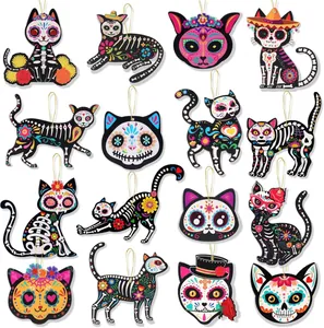 Set of 16 Day of the Dead cat skeleton wooden hanging ornaments with floral patterns