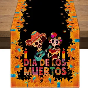 Mexican Day of the Dead table runner with skeleton and marigold pattern