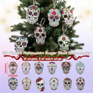 Detailed view of 36-piece wooden sugar skull ornaments for Day of the Dead decor.