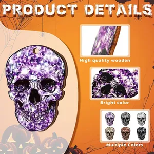Detailed macro views of multi-colored wooden skull hanging ornaments for Halloween decor