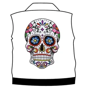Macro detail view of a large colorful sugar skull embroidery patch on a vest mockup