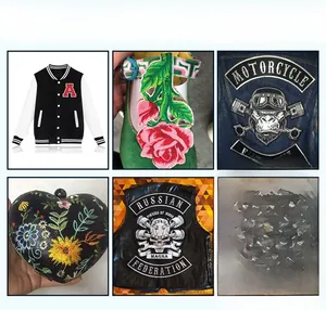 Beispiele für große Bügelflicken-Stickereien auf Jacken, Schuhen und Herztaschen