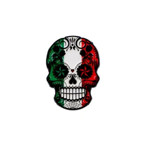 Mexican sugar skull enamel pin with national flag colors green white and red design