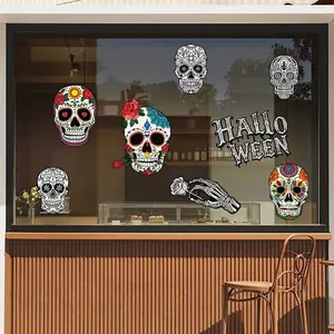 Halloween Skull Static Cling Window Sticker Colorful Skeleton Spooky Party Decor Double Sided UV Printed PVC Decal For Store Home
