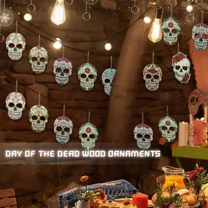 Decorative Day of the Dead wood ornaments with colorful sugar skull designs in a festive setting