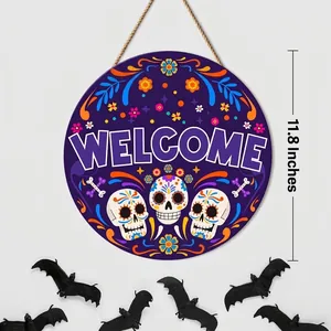 Plaque ronde en bois Jour des Morts avec têtes de mort et diamètre de 11,8 pouces
