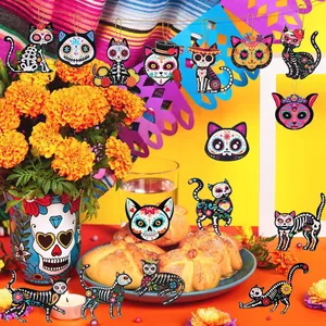 Colorful Day of the Dead wooden ornaments with skull cat designs for festive decor