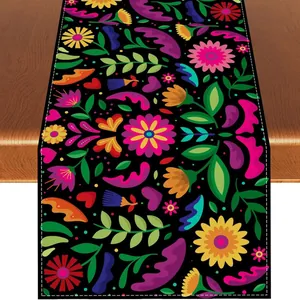 Mexican Fiesta floral table runner with colorful Day of the Dead pattern on linen