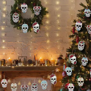 Vibrant Mexican Day of the Dead wooden sugar skull ornaments for festive indoor party decor
