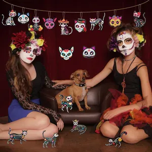 Day of the Dead cat wooden ornaments shown in a festive home party setting