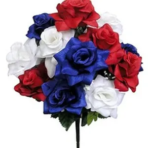 A detailed bouquet of artificial roses in red white and blue colors for home decor