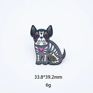 Detail view of colorful Mexican Sugar Skull dog enamel pin, 33.8x39.2mm, 6g weight