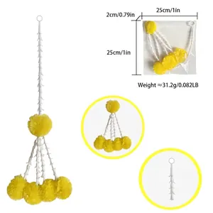 Artificial yellow marigold flower garland dimensions and weight details in plastic packaging.